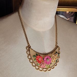 Betsey Johnson Enamel Flower Bib Necklace with Aurora Borealis Rhinestones